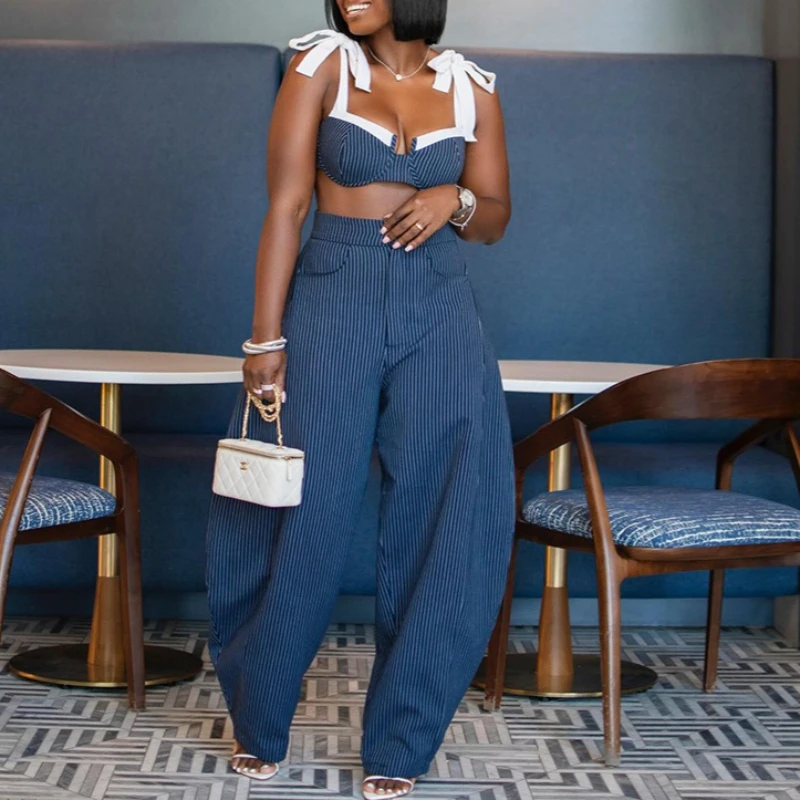 Pant Set Women Two Piece Sets Strapless Sleeveless Sexy Tops Wide Leg Long Pants High Waist Y2k Streetwear Elegant Slim Fit
