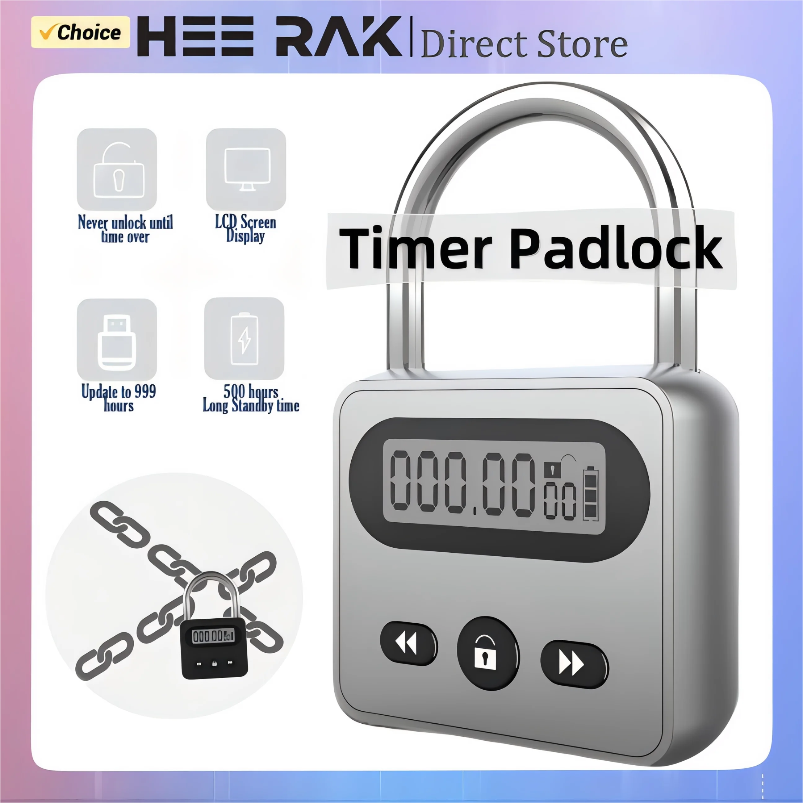 HEERAK Timer Padlock LCD Display Backlight Alloy 999 Hours Max Timing Super Long Standby Anti-addiction Electronic Backpack Lock