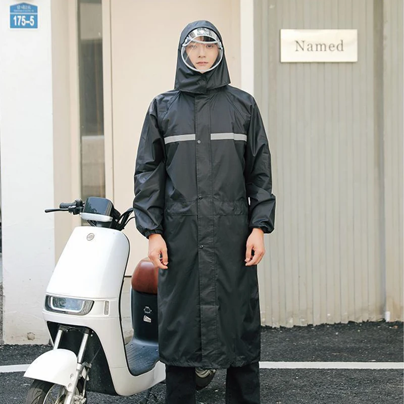 1PC Black Reflective One‑Piece Raincoat Oxford Cloth Single/Double Brim Optional Full‑Length Rain Coat for Motorcycle Riding