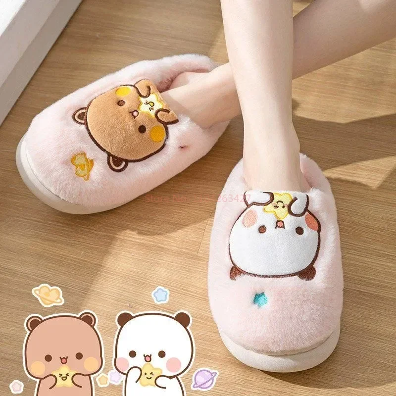 Anime bubu dudu urso chinelo de pelúcia dos desenhos animados casal chinelos inverno lazer casa ao ar livre anti deslizamento fundo grosso sapatos algodão quente