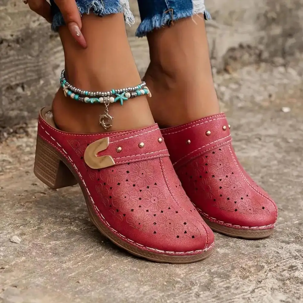 Classic Design Women Shoes Stylish Women's Chunky Heel Mules with Flower Pattern Hollow Upper for Summer Street Parties Fall