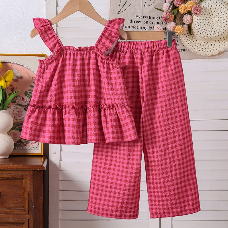 4‑7 Years Old Kids Girls Summer Casual Set Plaid Ruffle Sleeveless Blouse And Loose Straight Pants For Outdoor Daily Wearing