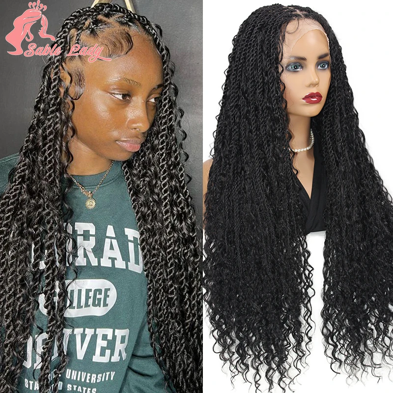 

32" Boho Braided Wigs Synthetic Full Lace Front Wig Knotless Senegalese Twist Braided Wigs For Black Women Wig With Curly Hair