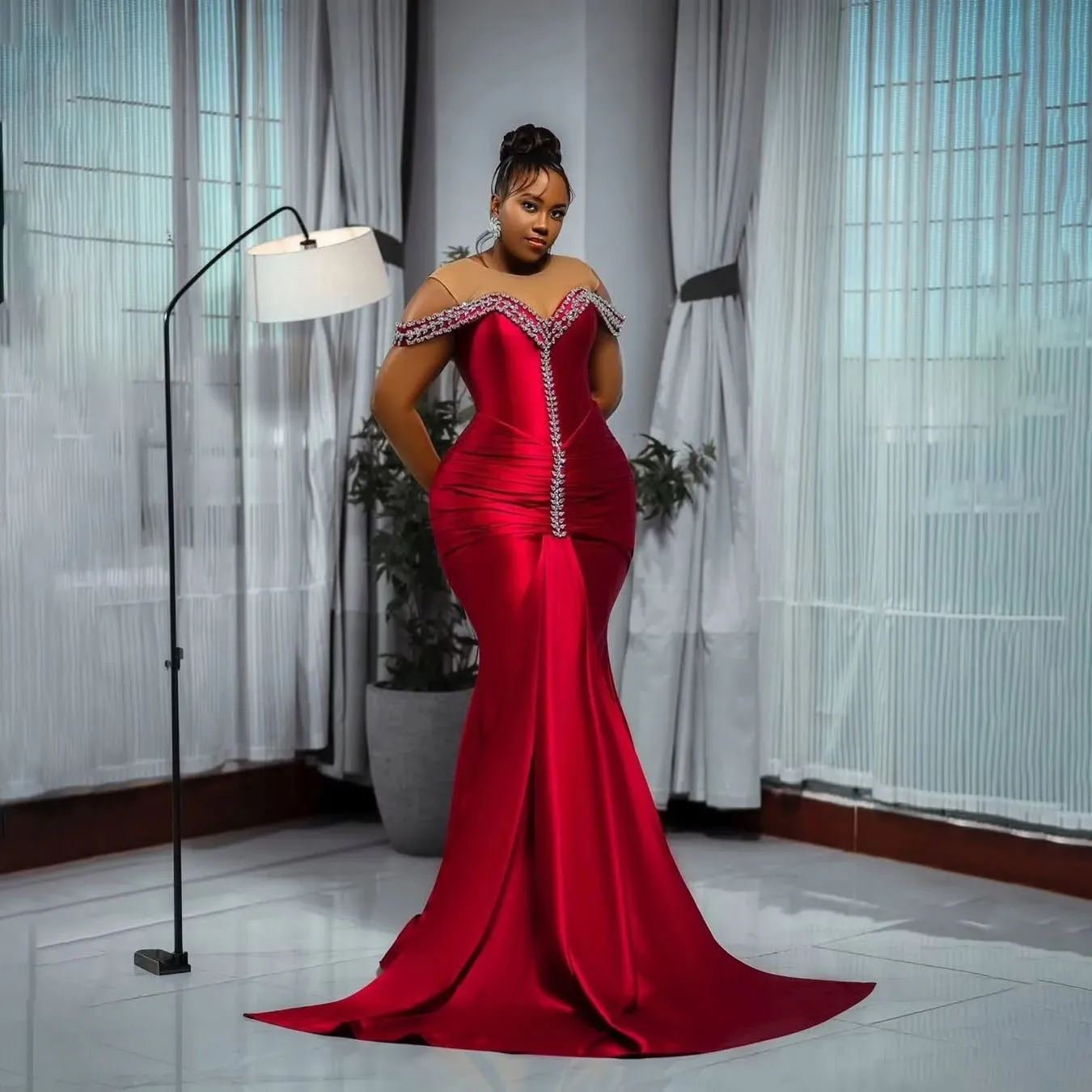 

Aso Ebi Red Prom Mermaid Evening Dresses For Special Occasions Robe De Mariee Flora African Illusion Beaded Sequin Lace Crystals
