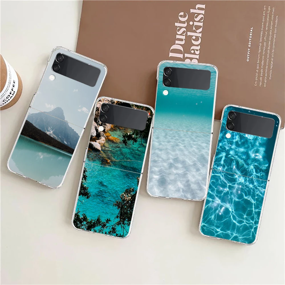 Phone Case For Samsung Galaxy Z Flip 3 4 5 6 7 Fold High Hard PC For Galaxy Z Flip3 Clear Cover Blue Sea View Art