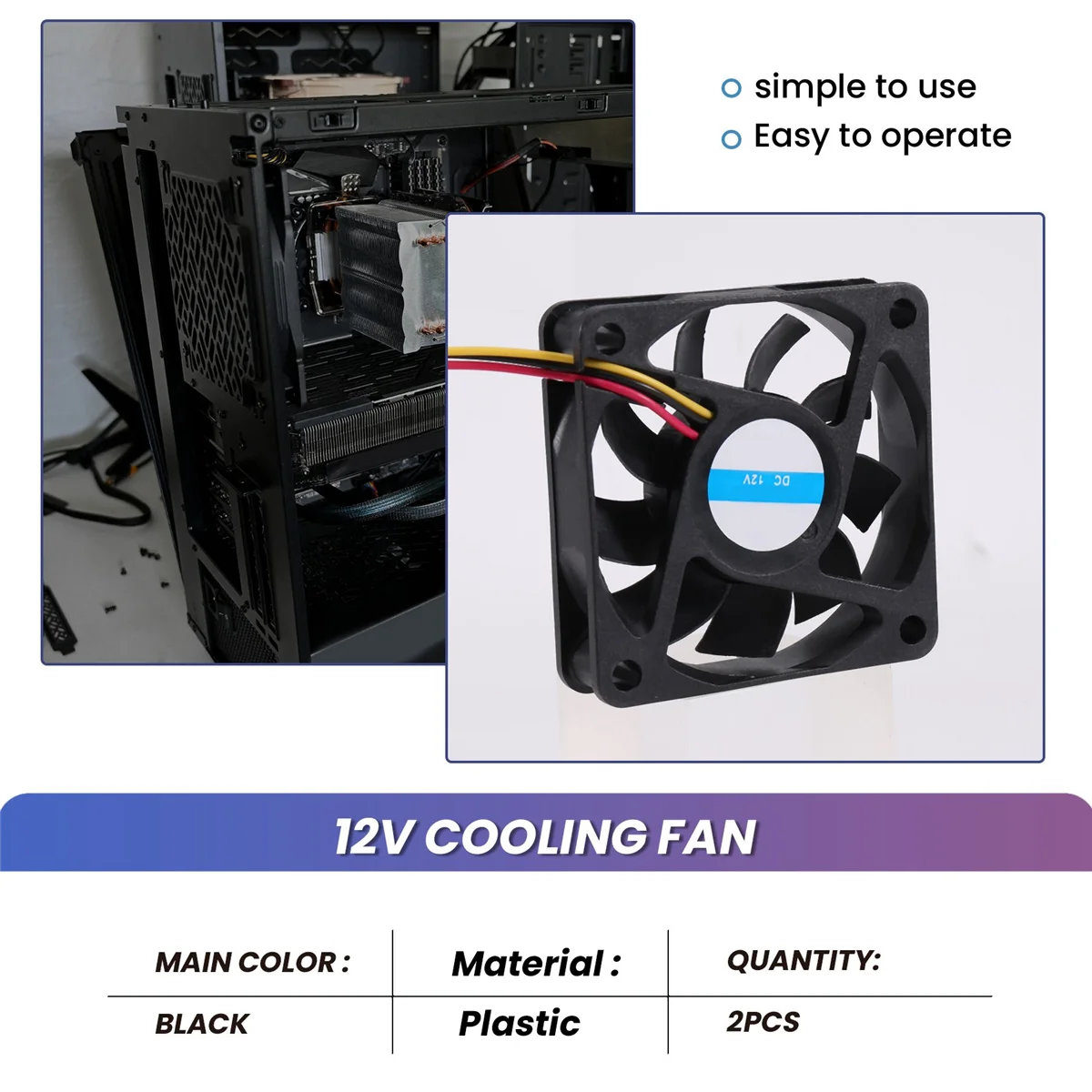 60Mm 6Cm DC 12V 3 Pin Computer Case CPU Cooler Cooling Fan Black 2 Pcs