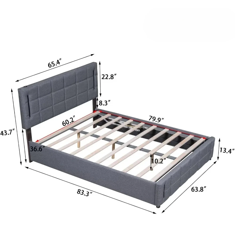 Lift Up Storage Bed with Power Outlets, Queen Bed Frame, Wooden Slat Support/No Box Spring Needed, Grey