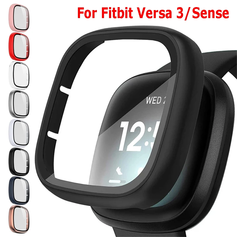 Protective Case for Fitbit Versa 3/Sense Cover Screen Protector Glass+Cases Hard Shell for Versa3 Fitbit Sense Watch Accessories