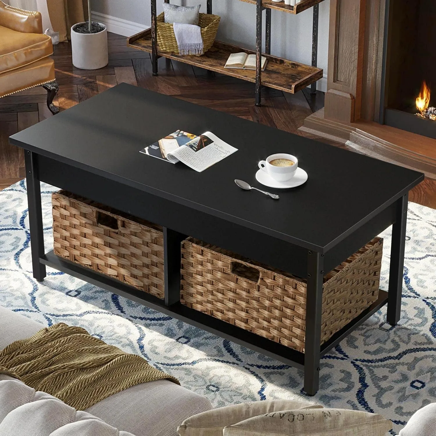 Mesa de centro con tapa elevable, compartimento de almacenamiento oculto y 2 cestas de ratán, mesa central retro de 41,7" con tablero de madera