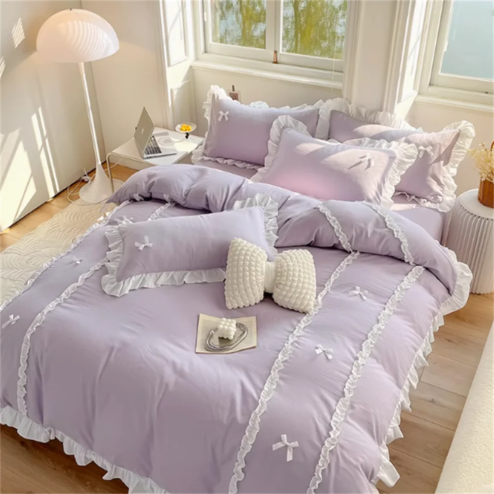 

Korean Version Princess Style Four Piece Set of Cotton and Pure Cotton Butterfly Knot Duvet Cover Set Dormitory Bed Sheet