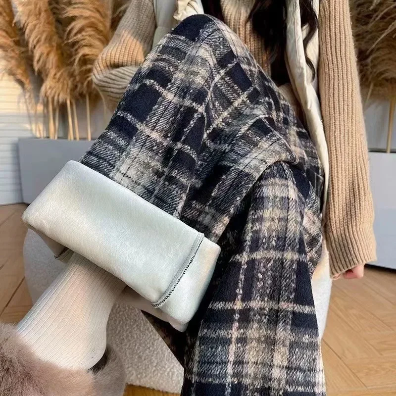 Vintage Plaid Women's Pants Winter Warm Thickened Loose-fit Straight-leg Fleece-lined Casual Pants Woolen Bell Bottoms