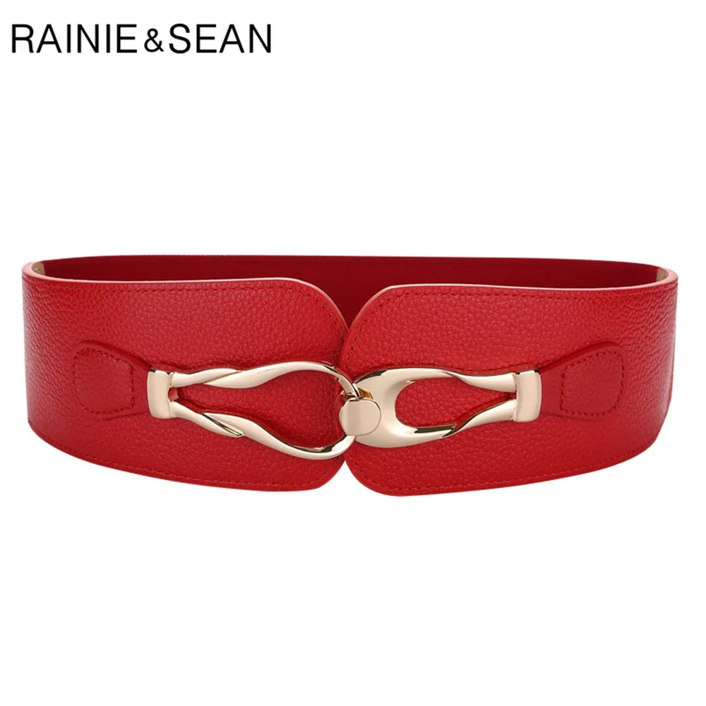 

RAINIE SEAN Red Wide Women Belt Elastic Corset Ladies Belts for Dresses Genuine Leather Waist Belt Fashion Stretch Cummerbund