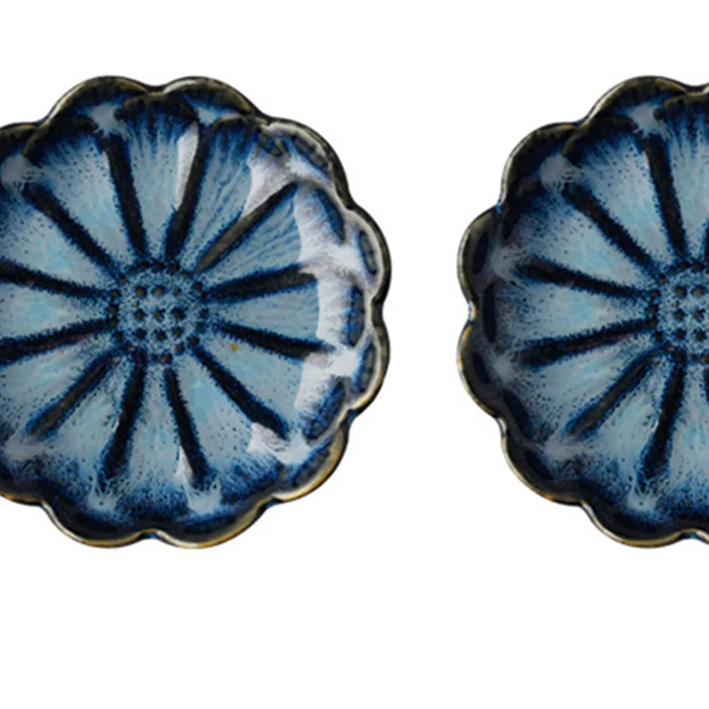 3Pcs Ceramic Seasoning Plates Sunflower Shape Vintage Blue Food Sauce Bowls for Dipping Sauces Mustard Ketchup Soy Sauce