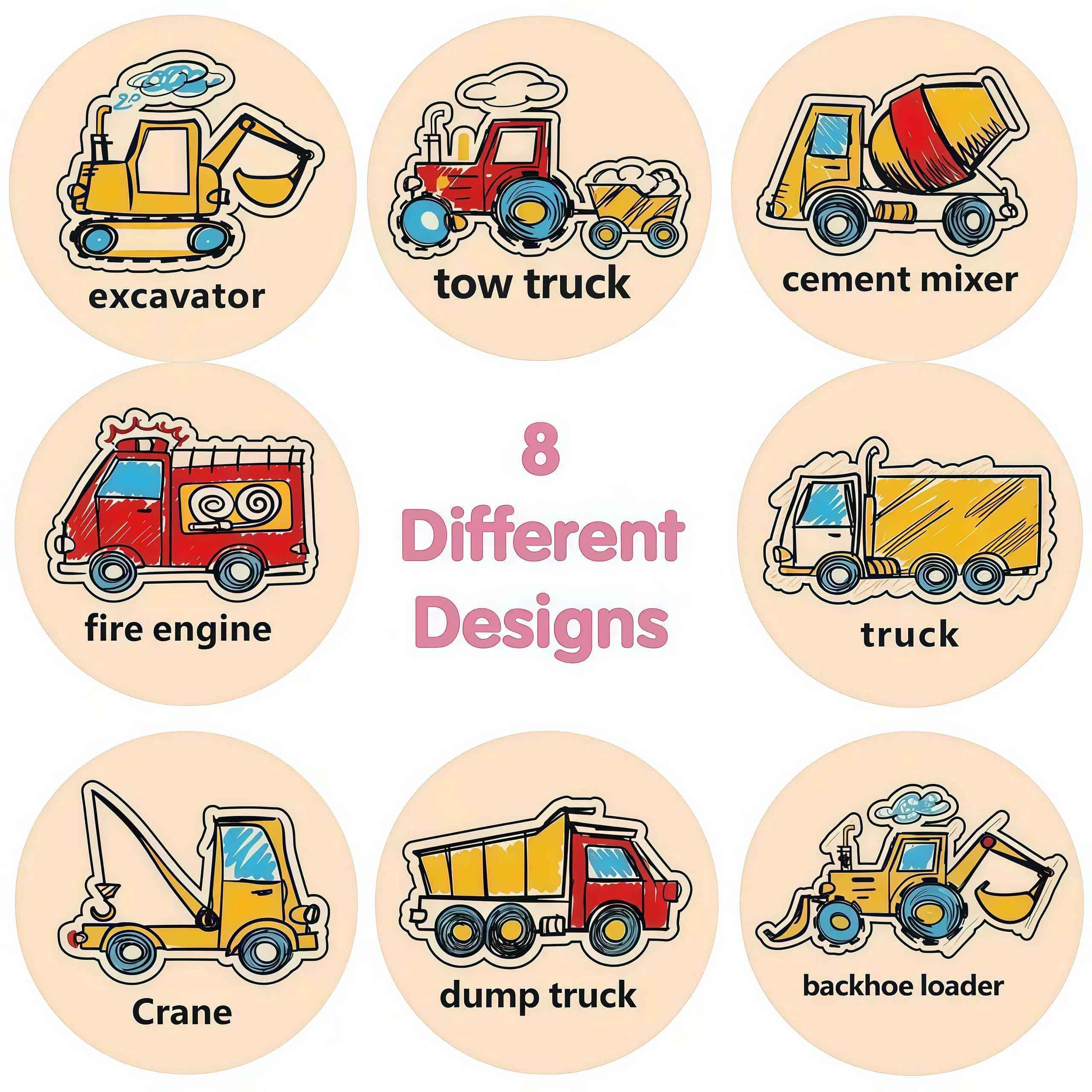 500Pcs Cartoon Construction Vehicle Sticker Roll, Various Types (Fire Engine/Truck/Crane) for Decor, DIY & Gifts