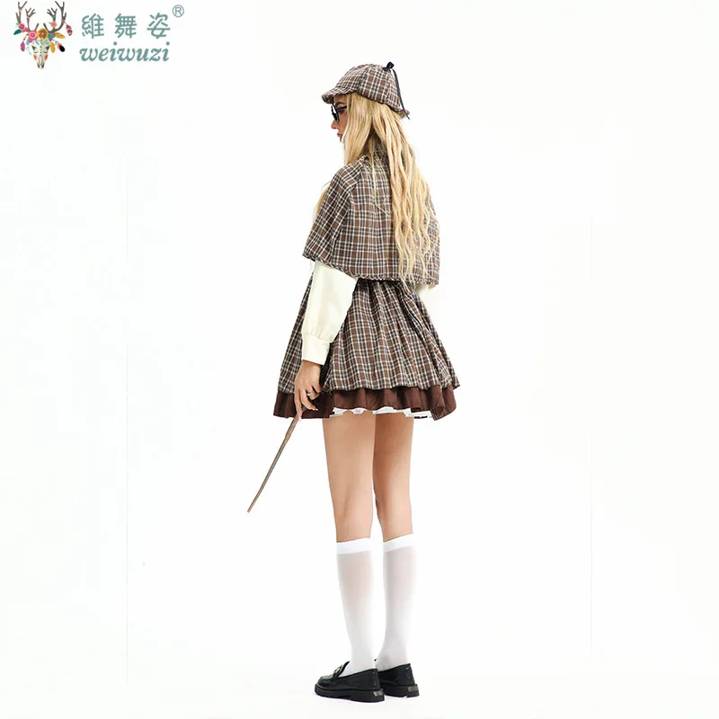 Halloween Costume Adult Female Detective Cosplay Costume British High Collar Long Sleeve Dress Game Reasoning Party Fancy Outfit view 2