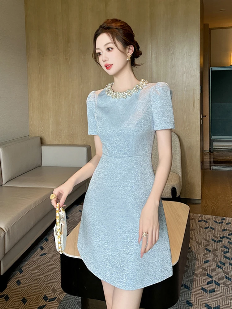 Summer Short Sleeve Evening Dress Women Clothes Elegant Luxury Pearl O-Neck Slim A-Line Short Party Birthday Gown Vestido Fiesta