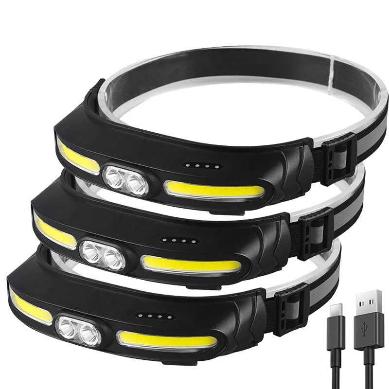 COB Headlamp Fishing Headlight 5 Lighting Modes Flashlight USB Rechargeable Head Light Outdoor Camping Portable Working Light