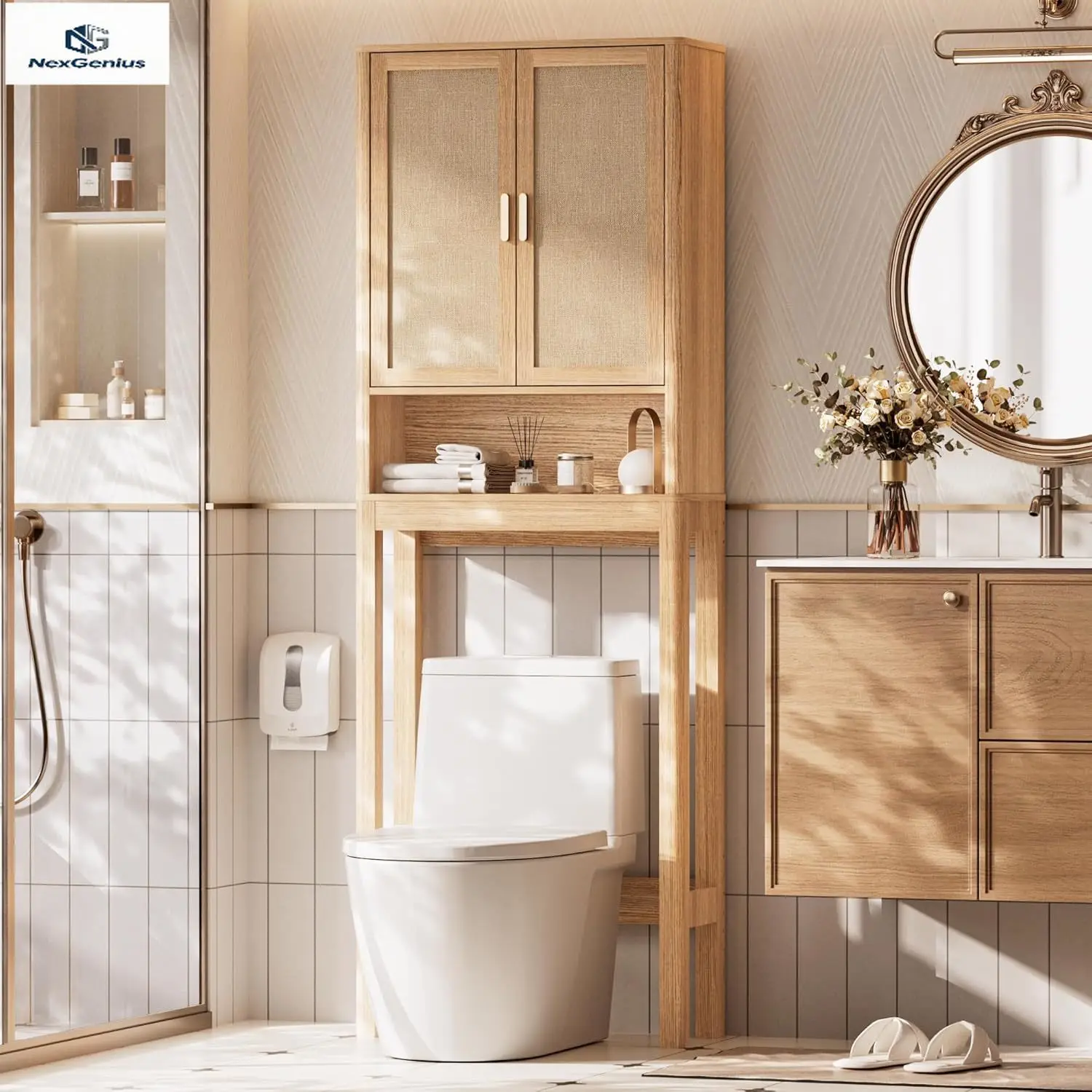 

Высокий напольный шкаф-органайзер для ванной над унитазом с дверцами из ротанга, регулируемой полкой, в стиле бохо, натуральный дизайн