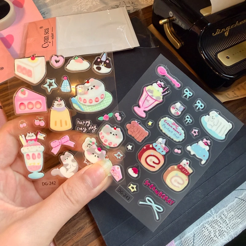 Cute Cartoon Sweety Cat Jelly Relief Stickers Girlish 3D Epoxy Resin Decal for Phone Case Tablet Camera Kawaii Kitten Decoration view 5