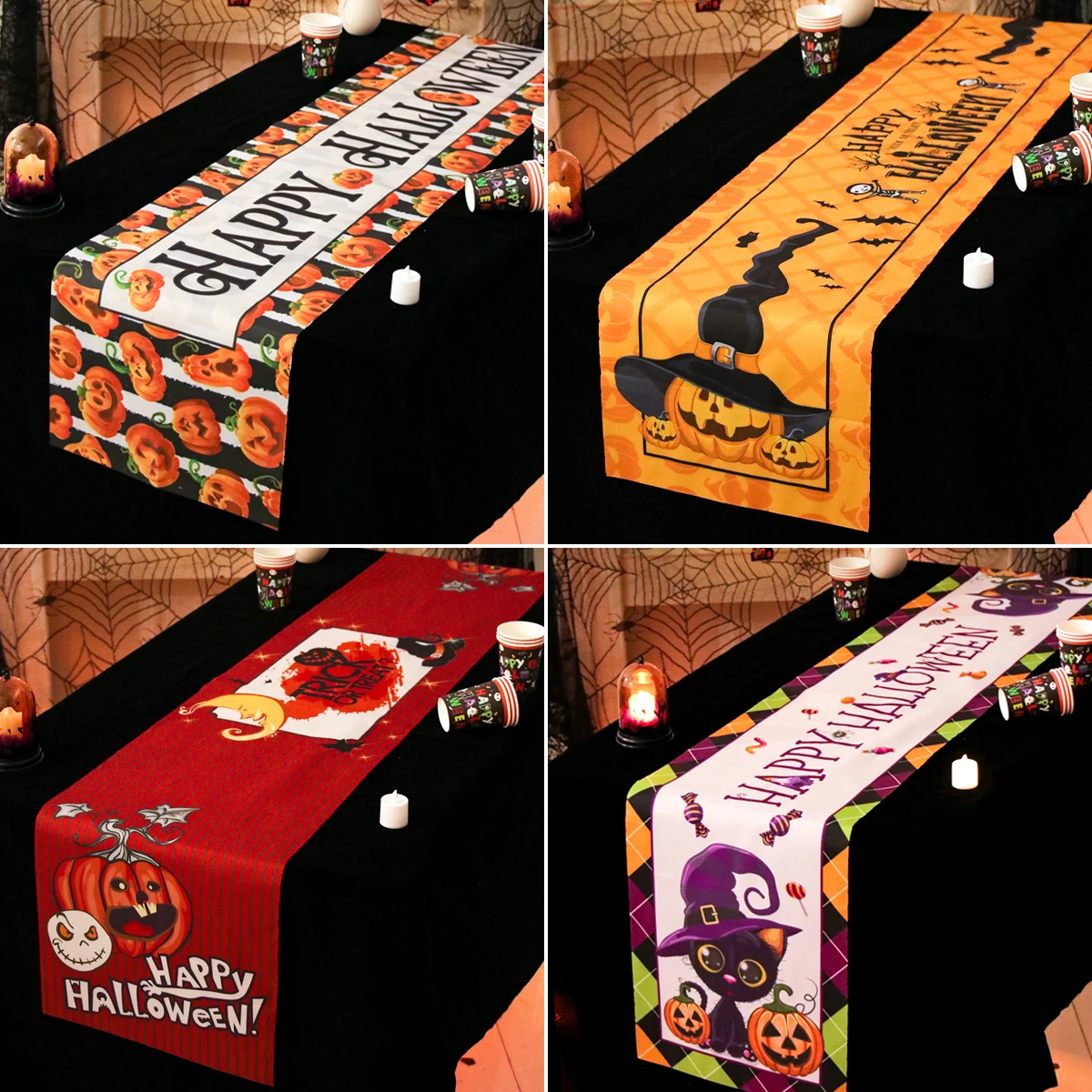 Halloween Pumpkin Bat Table Runner Party Decoration Linen Anti-stain Coffee Ironable Table Tablecloth Accessories Table Runner