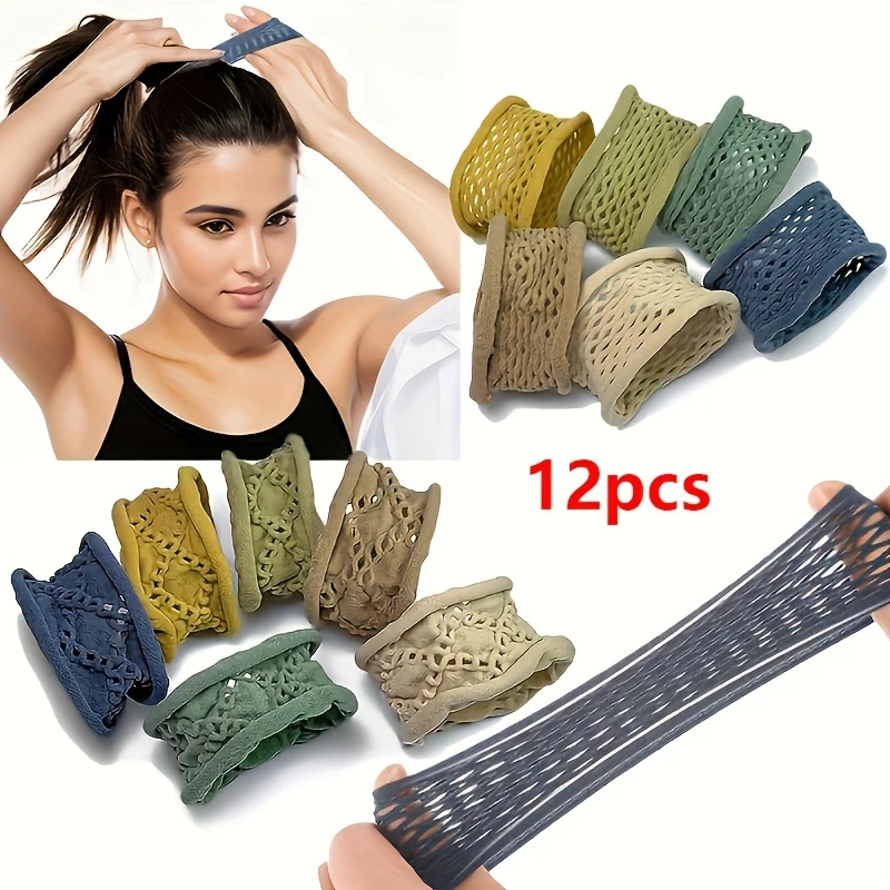 12pcs New Widened Hollow Out High Elasticity Headband Fashionable Mesh Seamless Rubber Band Ponytail Hair Rope