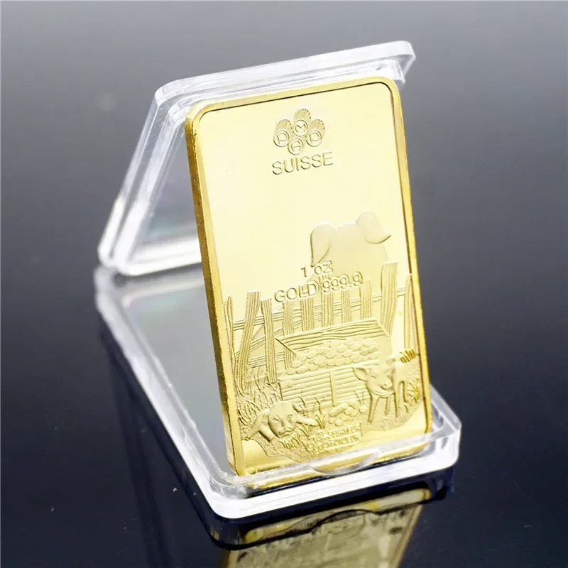 1Pcs Commemorative coin  Year Pig Gold Plated Swiss Bar  Block Swiss  Coin gift  collect beautiful golden lovely