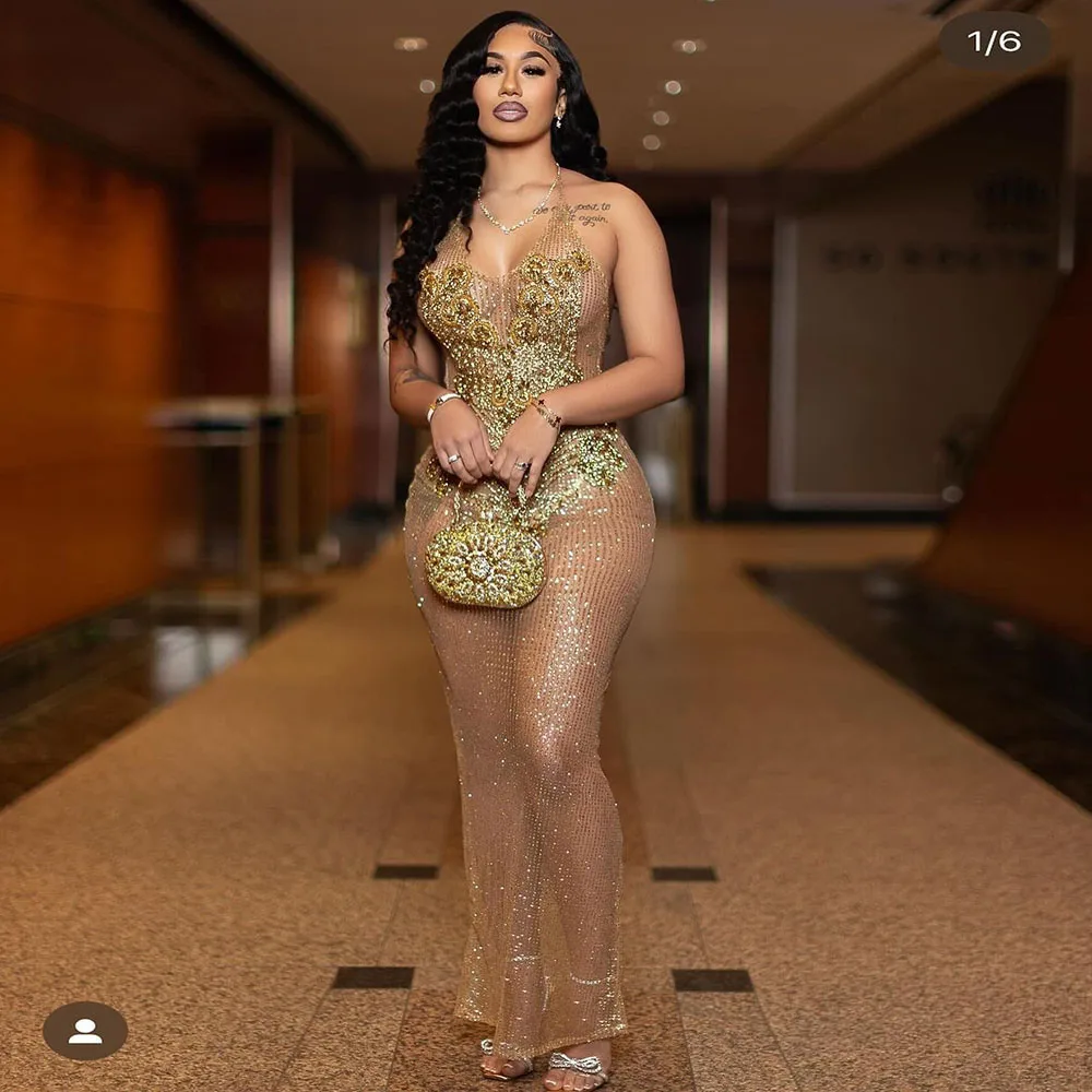 

Golden Sequined Prom Dresses 2025 Luxury Black Girls Crystal Rhinestone Mermaid Party Dress Long Evening Gowns Customized