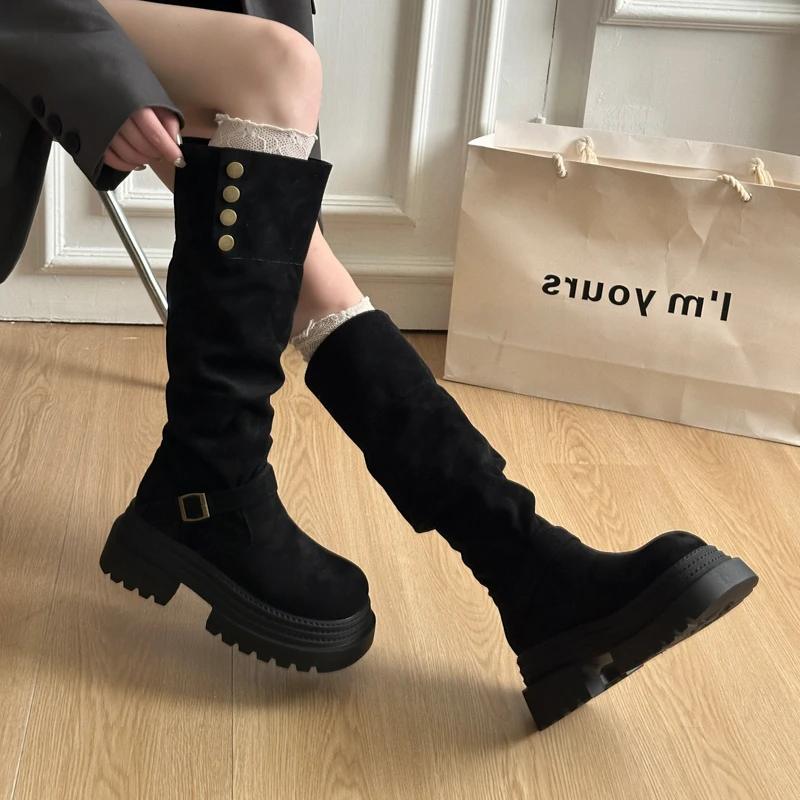Retro Ruched Leather Long Boots for 2026 Winter, Fashionable and Versatile Style Round Head Platform Thick-soled Women's Boots