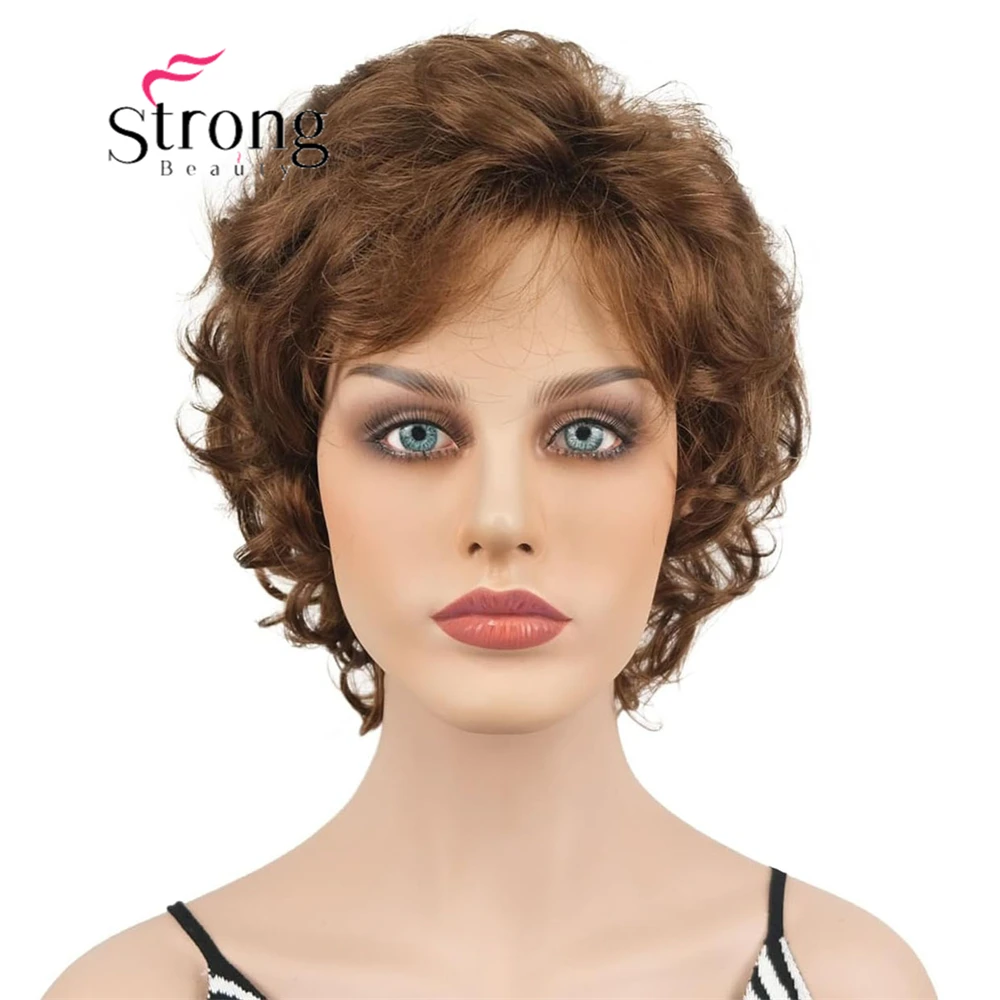 

Short Hair Wigs with Bangs Auburn Brown Mixed Pixie Cut Wig for Women Wavy Synthetic Fiber Wigs