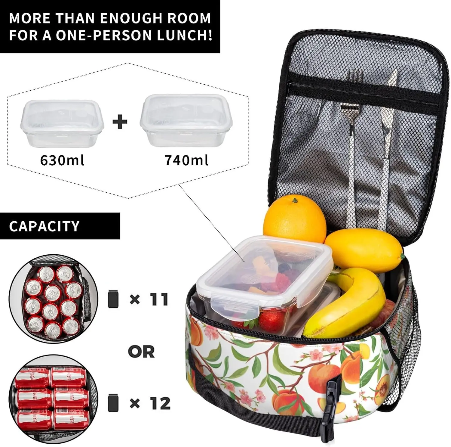 Pfirsichfarbene Lunchbox für Erwachsene, Kinder, Damen, Herren, Obst, Lunchtasche, Kühltasche, wiederverwendbar, isoliert, Lunchtasche, Behälter, Geschenke