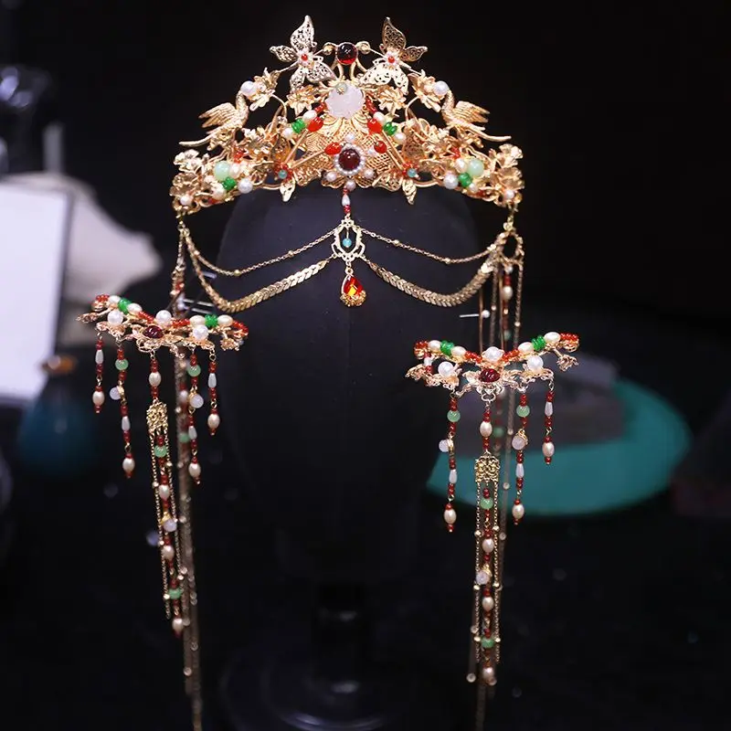 Women's Gold-plated Butterfly Flowers Beaded Tassel Hair Crown Hairpin Set Chinese Hanfu Headwear