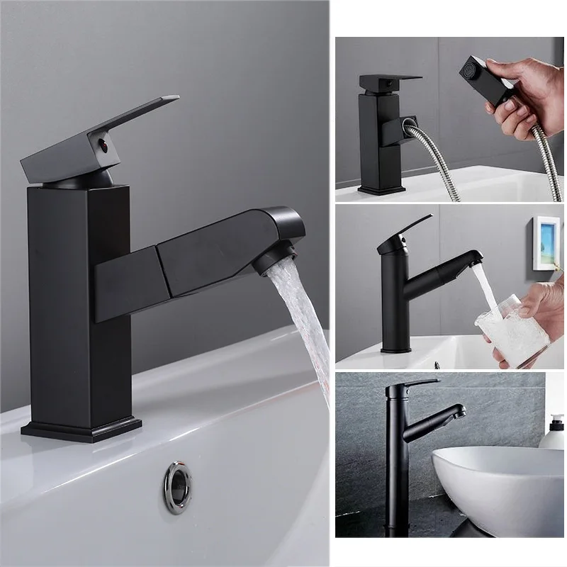 

Black Basin Faucet Pull Out Single Handle Sprayer Sink Bathroom Wash Hot And Cold Water Crane Mixer Tap Nozzle Splash-proof Head