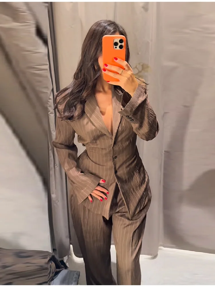Elegante gestreifte Damenanzüge, schicke Kaffee-Taillenkrawatte, Anzughose, weiblich, 2-teiliges Set, 2025, NEU, Herbstmode, lässiges Büro-Outfit – Detail 4