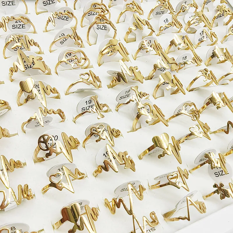 20pcs/Lot Wholesale Fashion Heart Lightning Stainless Steel Finger Rings for Women Men Mix Style Hollow Love Jewelry Party Girl
