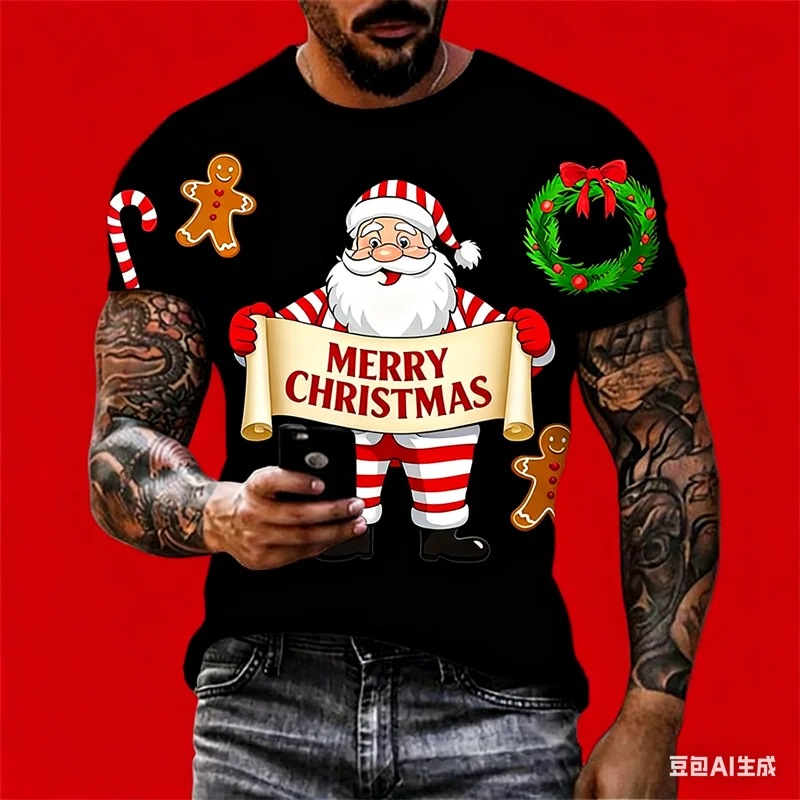 

Santa Claus Print T Shirt For Men New Year Party Fashion Clothing Christmas Harajuku Short Sleeve O-neck Tops Oversized T-shirts