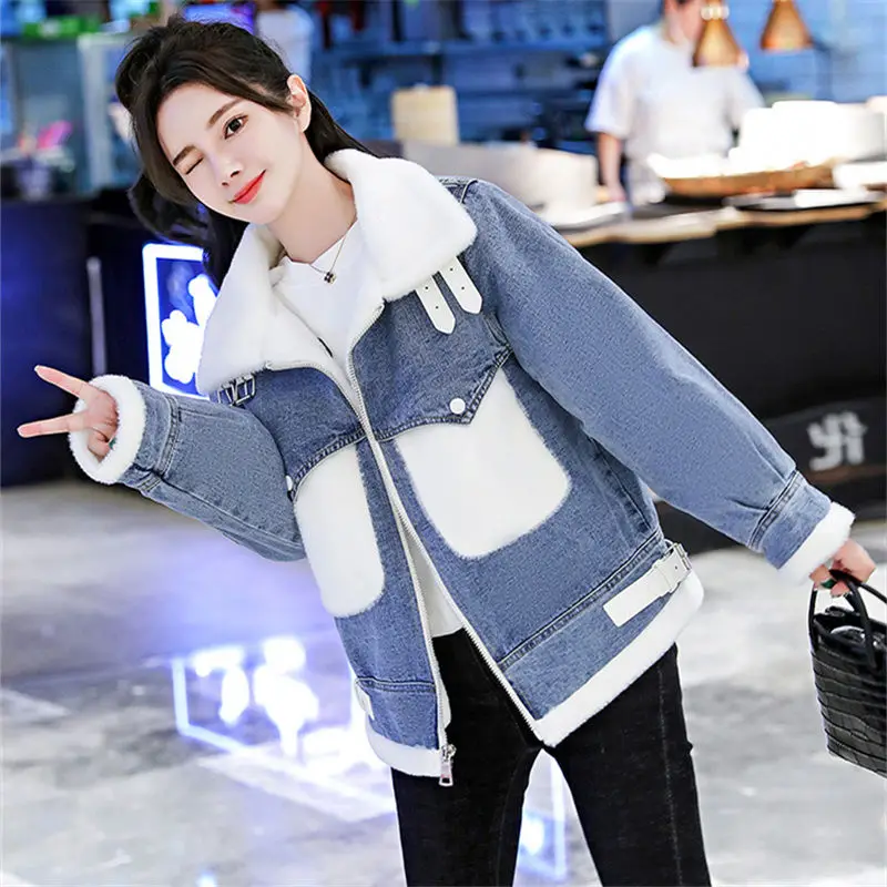 Lamb Wool Denim Jacket Women Overcoat  Autumn Winter 2024 New Thick Warm Parka Female Outwear Loose Elegant Cotton-Padded Jacket