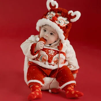 Bebê roupas de ano novo roupas de inverno combinando chapéu masculino e feminino bebê macacão lua cheia 100 dias agarrar semana vestido chapéu