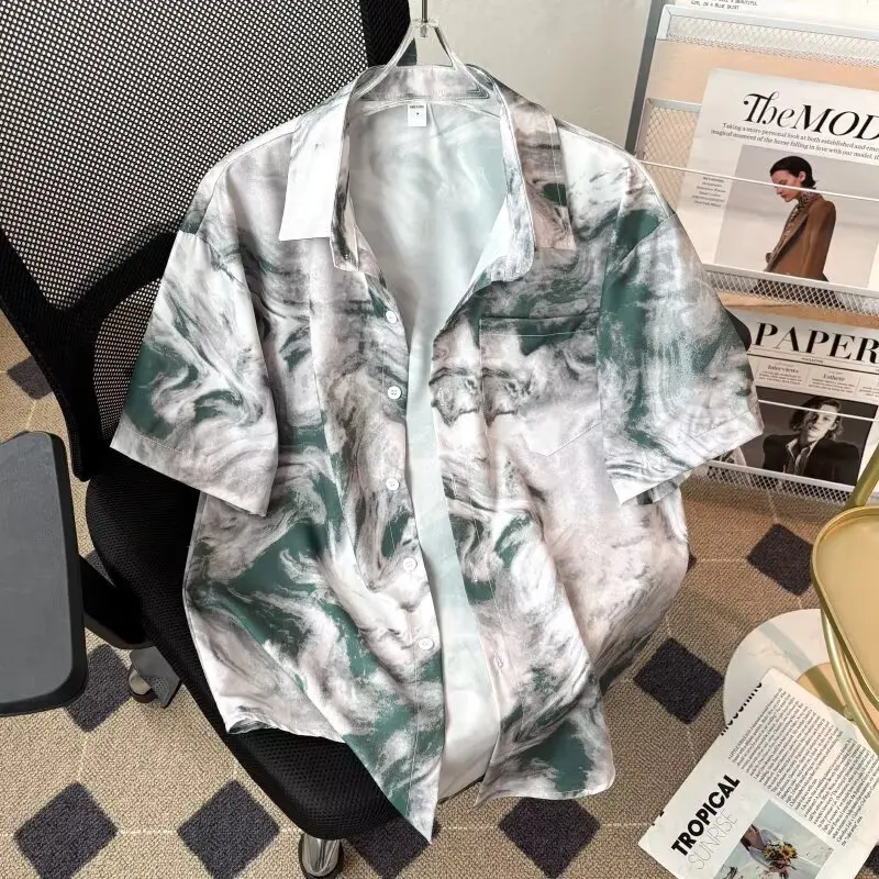 

Свободные мужские ort Sve irt Summer Ice Silk Cool Feeling, большой размер, весна-осень, повседневный гавайский цветочный узор