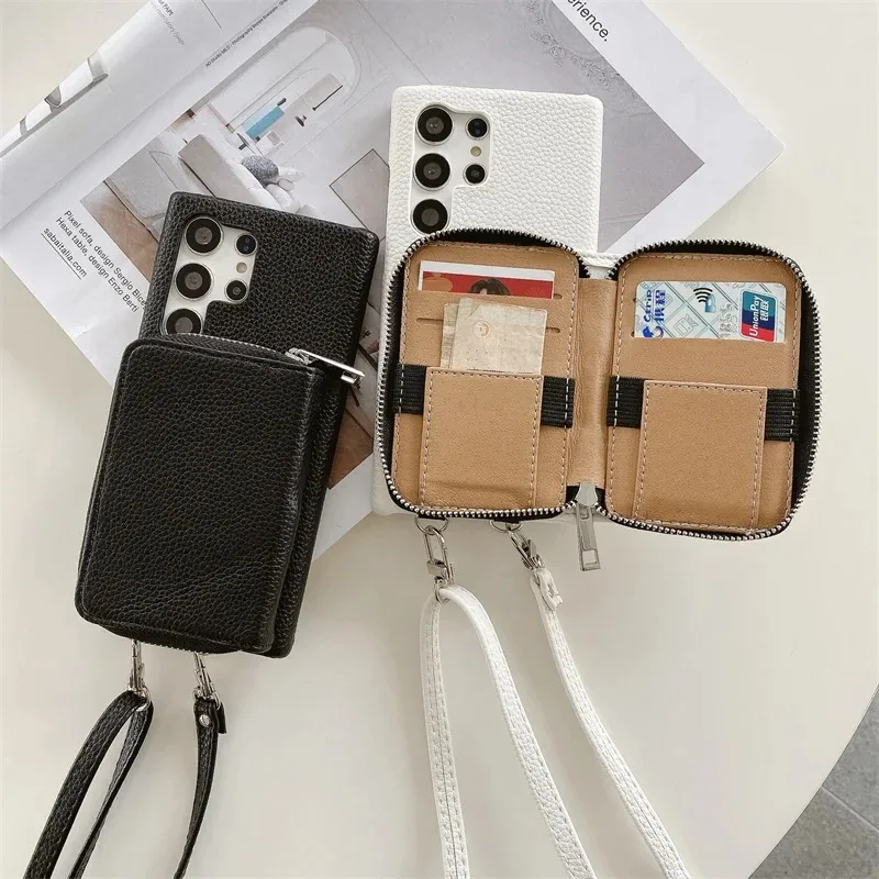 Skórzane etui portfel na telefon Samsung Galaxy S26 S25 S24 S23 S22 S21 S20 Ultra Plus FE z paskiem na ramię i smyczą. — zdjęcie produktu 4