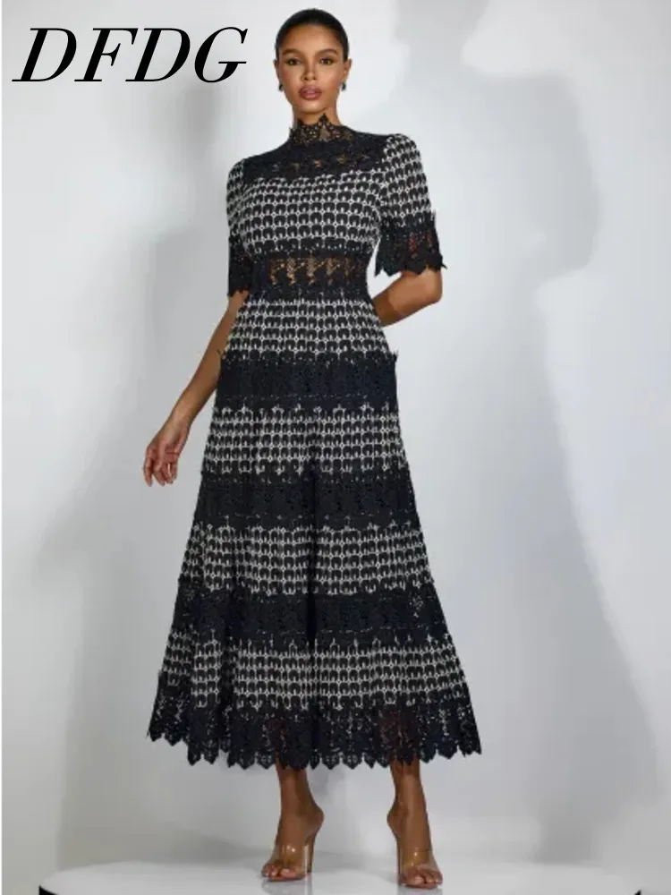 

DFDG Women's Spring Summer Turtleneck Contrast Lace Patchwork Midi Dress Elegant Formal Party 2026 Trendy Feminine Fashion Dress