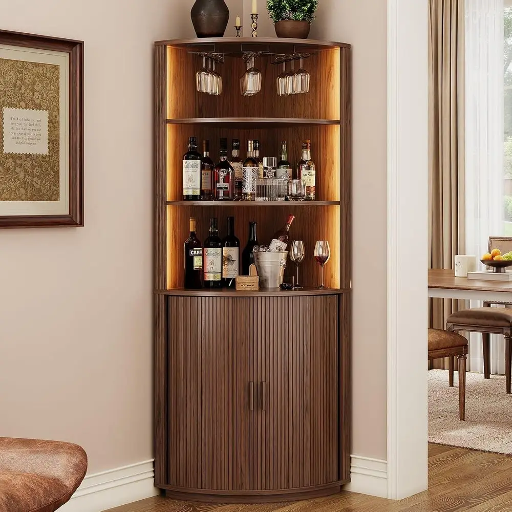 

Барный шкаф с 72 светодиодными лампами, раздвижной дверцей, местом для хранения и держателем для бокалов, для столовой или гостиной, отделка под орех