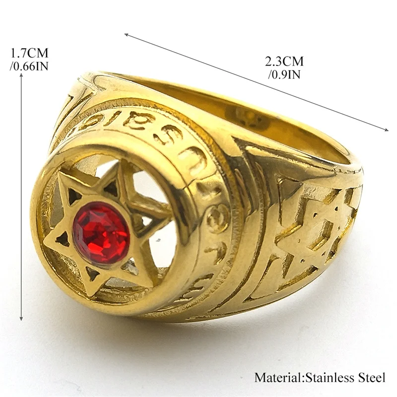 Judaism Hexagram Israel Star of David Red Crystal Ring for Men Stainless Steel Jewish Punk Hip Hop Male Biker Jewelry Gifts R587