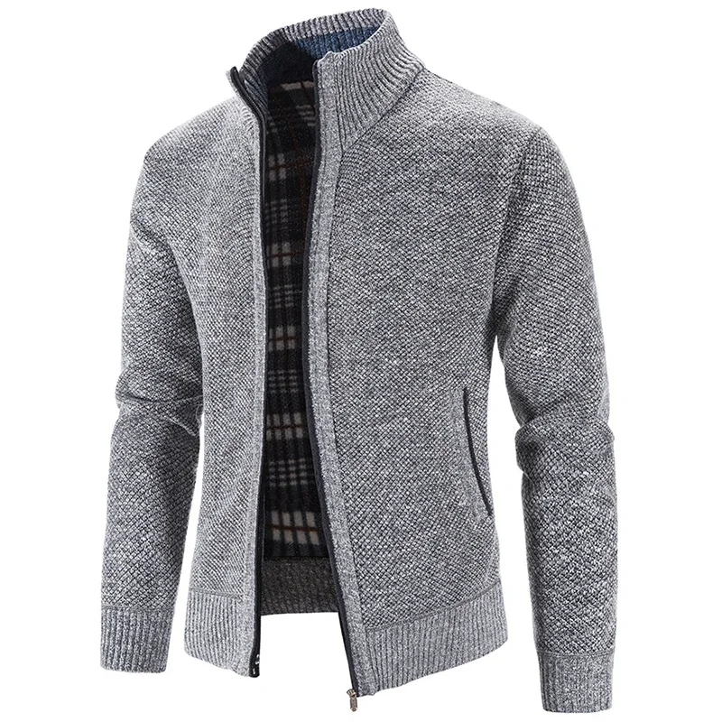 Fashion Men\'s Knitted Cardigan Winter Fleece Coat Solid Color Stand Collar Winter Warm Sweater Jacket 4XL 8 Colors