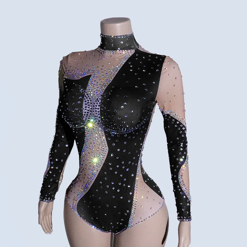

Show Girl Costume Black Printed Rhinestone Bodysuit Gogo Dance Performance Wear Stage Outfit Woman Drag Queen Singer NightClub