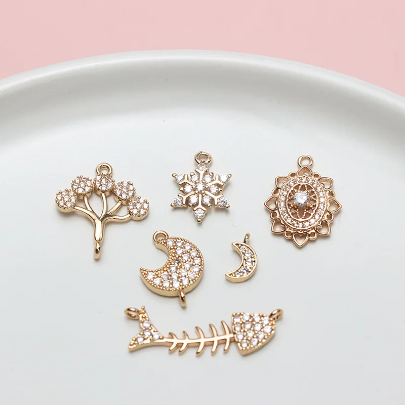 6pcs Copper Inlaid Zircon Moon Snowflake Fish Bone Small Tree Pendant Diy Earrings Bracelet Jewelry Accessories Materials Charms