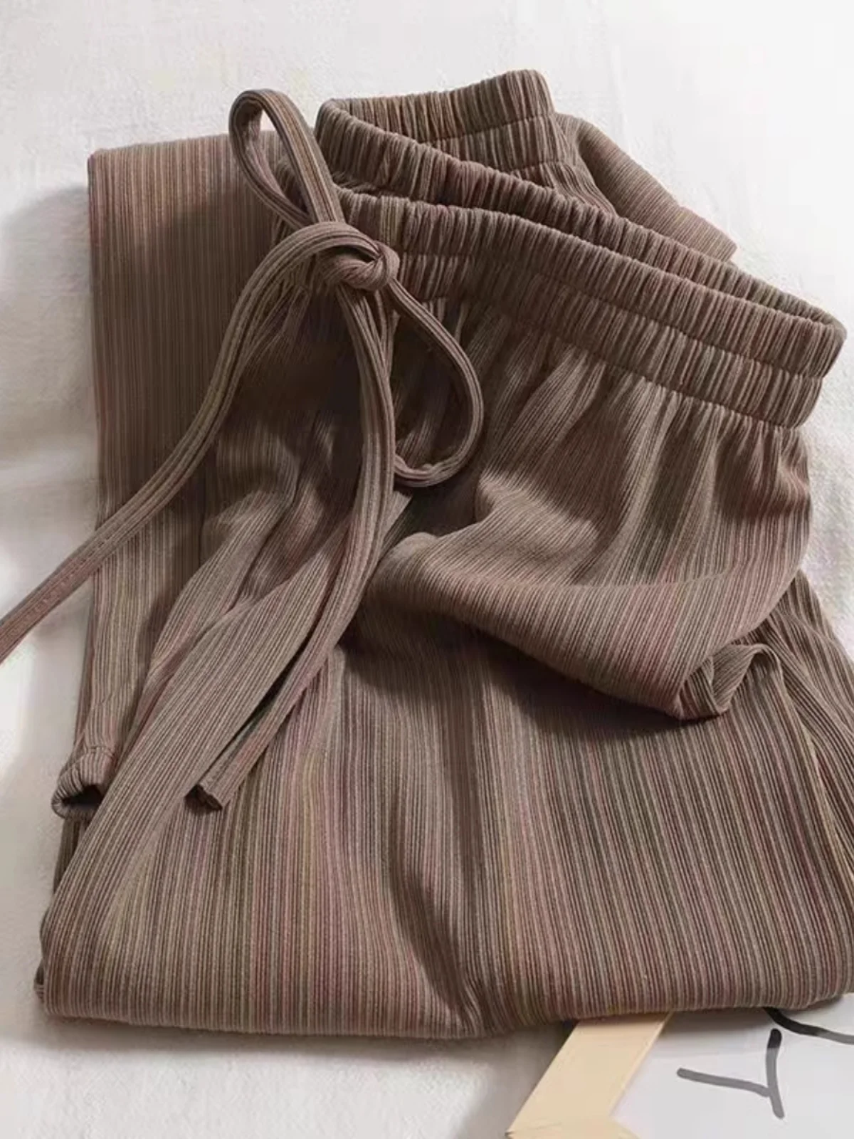 

Широкие брюки из ледяного шелка для женщин, летние, свободные, повседневные, в полоску, в пол, с защитой от солнца, прямые, с высокой талией