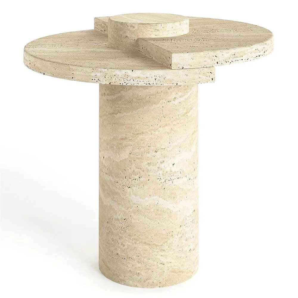 Tavolino Angolare in Travertino con Bordo Circolare Unico per Soggiorno, Stile Wabi-Sabi Compatto, Tavolo Console Abbinabile a Grande Tavolino da Caffè