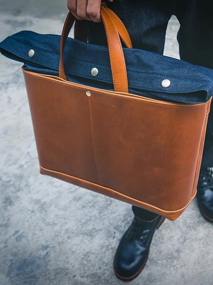 Totes de couro genuíno para homens, bolsa denim emendada de couro, bolsa de viagem de grande capacidade, alça tiracolo, designer artesanal