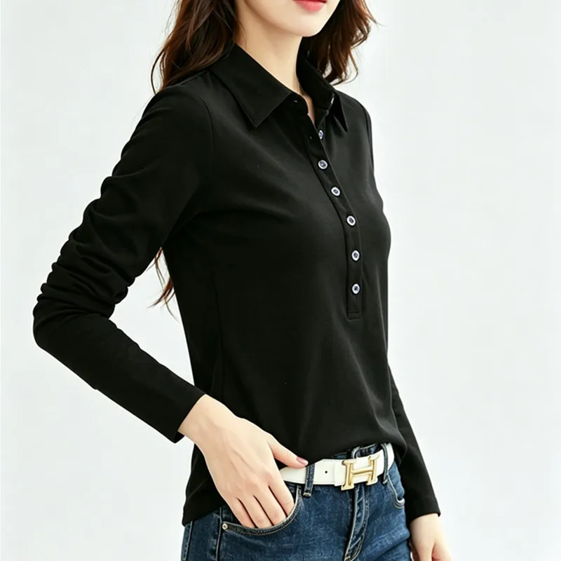Women Long Sleeve Polo Shirt Solid Color Turn-down Collar Long Button Placket Cotton Tops Slim Fit Elegant Office Casual Blouse