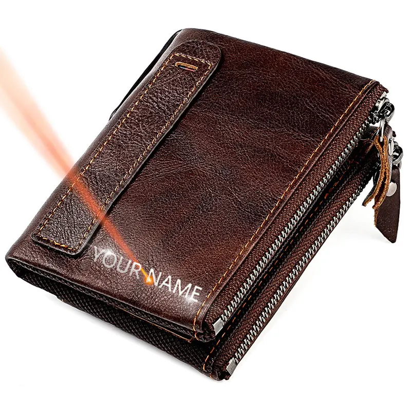 Genuine Leather Short Men RFID Wallets Name Engraving Leather Card Holder Brand Men Purse Retro Coin Pocket Zipper Male Wallet